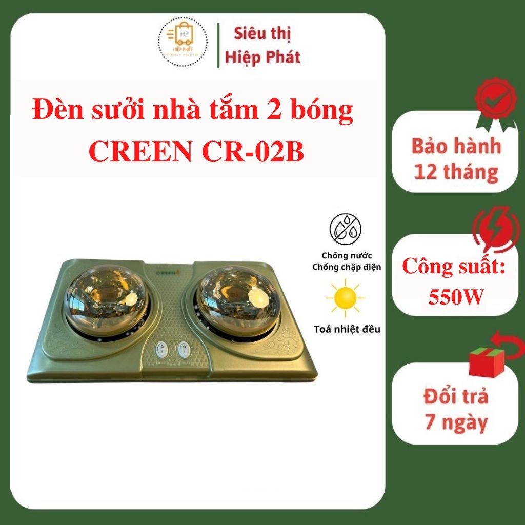 Đèn Sưởi Nhà Tắm 2 Bóng Halogen CREEN CR-02B, Chống Nước, Chống Chập Điện, Không Loá Mắt, Toả Nhiệt Đều, Thương Hiệu tây Ban Nha - Hàng chính hãng