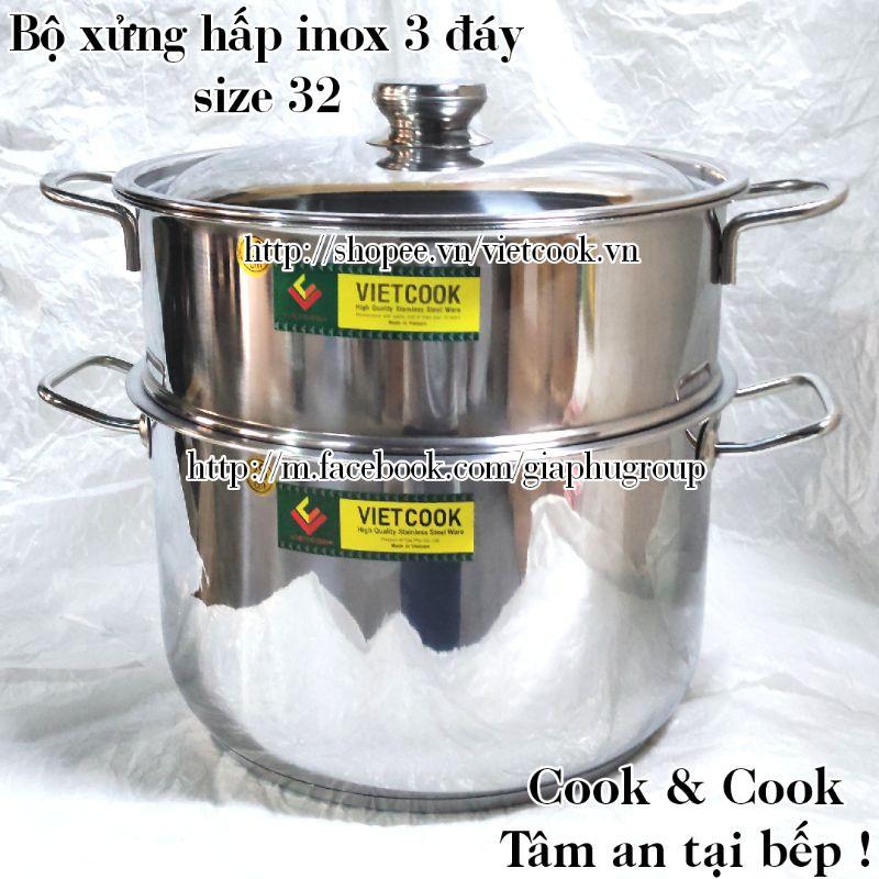 Bộ xửng hấp inox size 32 đáy từ, Chõ hấp, đồ xôi inox 6 đến 8 kg gạo