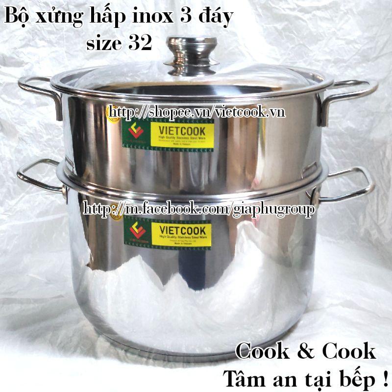 Bộ xửng hấp inox size 32 (nồi 15 lít) đáy từ, Chõ hấp, đồ xôi inox 6 đến 8 kg gạo