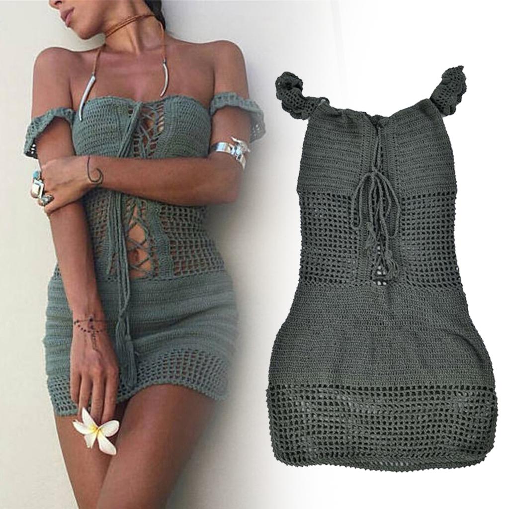 Women's Hollow Crochet Beach Dress Off-Shoulder Bikini Cover Up Dark Green