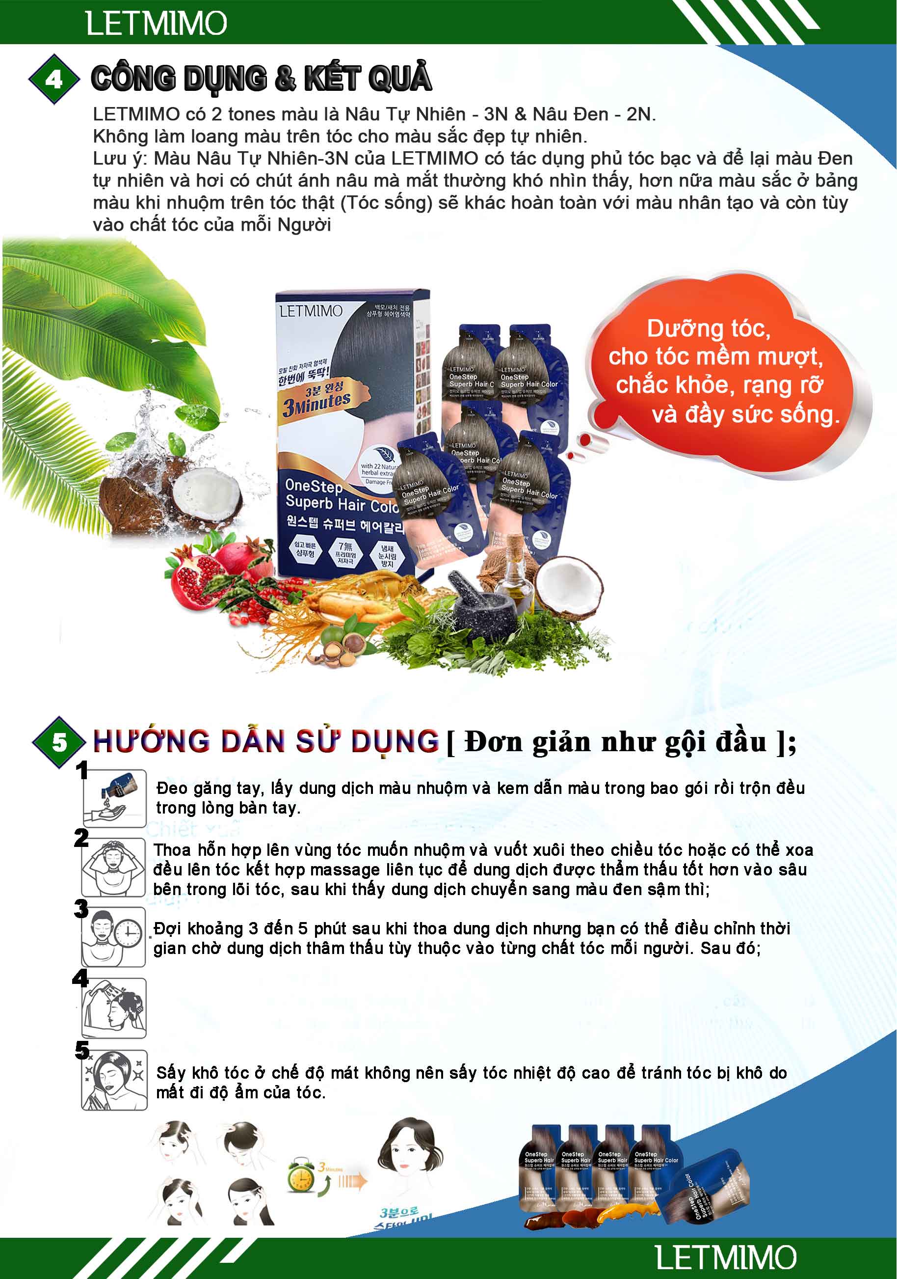 Bộ 4 Hộp = 20 gói thuốc nhuộm tóc màu Nâu Đen_2N, phủ bạc thảo mộc LETMIMO + QUÀ TẶNG 3 khăn gội bestke 100% cotton 83*33cm