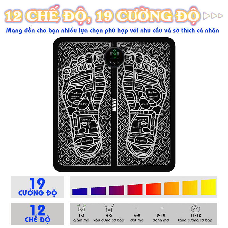 Thảm massage bàn chân xung điện Nikio NK-106 có 12 chế độ, 19 cường độ matxa, thúc đẩy lưu thông máu, giảm tê bì và đau mỏi chân hiệu quả