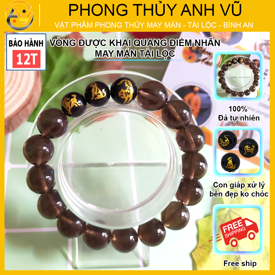 Vòng tay thạch anh đen khói tam hợp dần ngọ tuất - size 8 10 12ly cho người mệnh mộc, mệnh thủy - có khai quang điểm nhãn - may mắn tài lộc - PHONG THỦY ANH VŨ