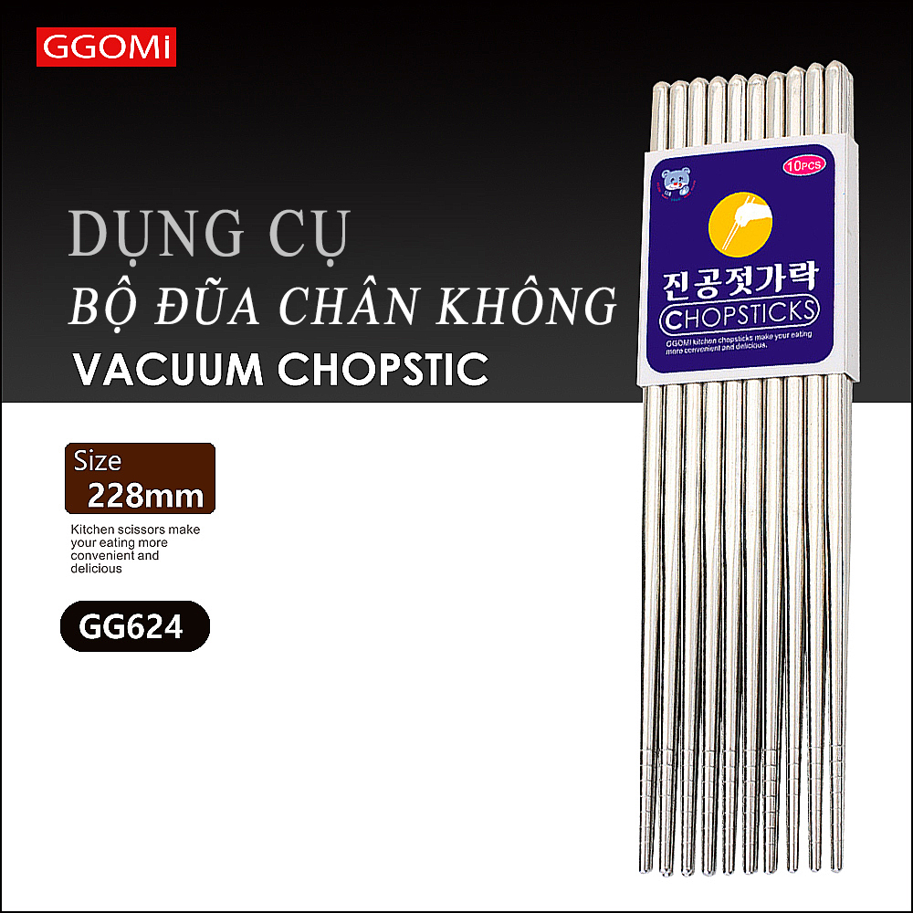 Bộ 10 đôi đũa inox hút chân không siêu nhẹ an toàn cho sức khỏe, dài 28cm GGOMi Hàn Quốc GG624