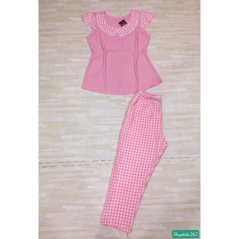 Đồ bộ nữ,đồ ngủ mặc nhà lửng 9 tấc vải tằm ý phối lụa caro siêu cưng size 45-65kg.