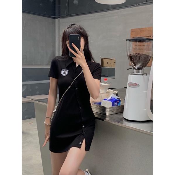 Đầm Polo Body Cúc Lệch Thêu Logo Gấu Xẻ Vạt 2 Màu