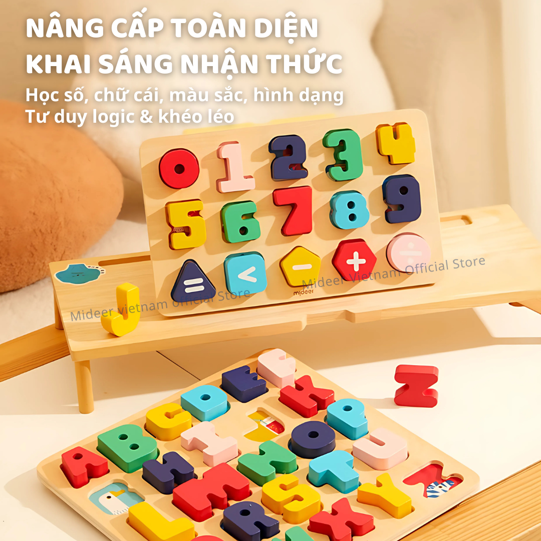Bảng ghép hình chữ cái, số , đồ vật và thức ăn Mideer wooden peg puzzles