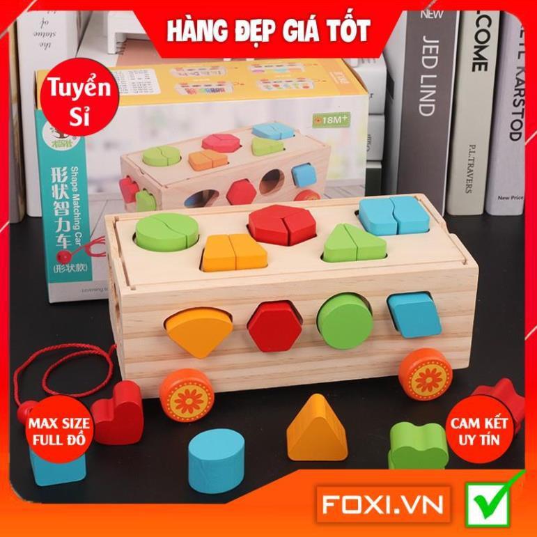 Đồ Chơi Gỗ-Xe Kéo Thả Hình Khối Foxi Kết Hợp Đán-Chữ Số-Bảng Phân Loại Hình Khối Cho Bé học tập