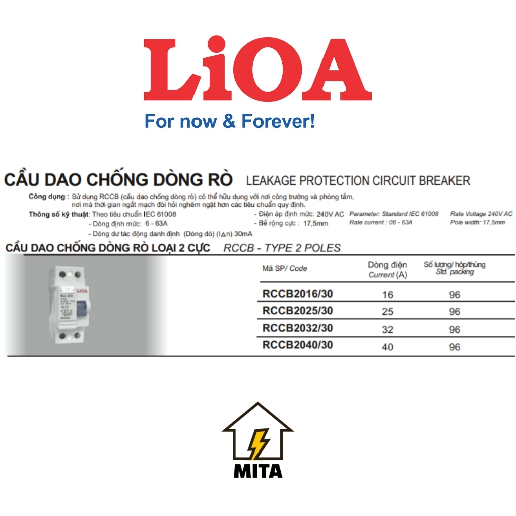 Cầu dao chống giật - APTOMAT chống dòng rò LiOA 2 Cực RCCB2P