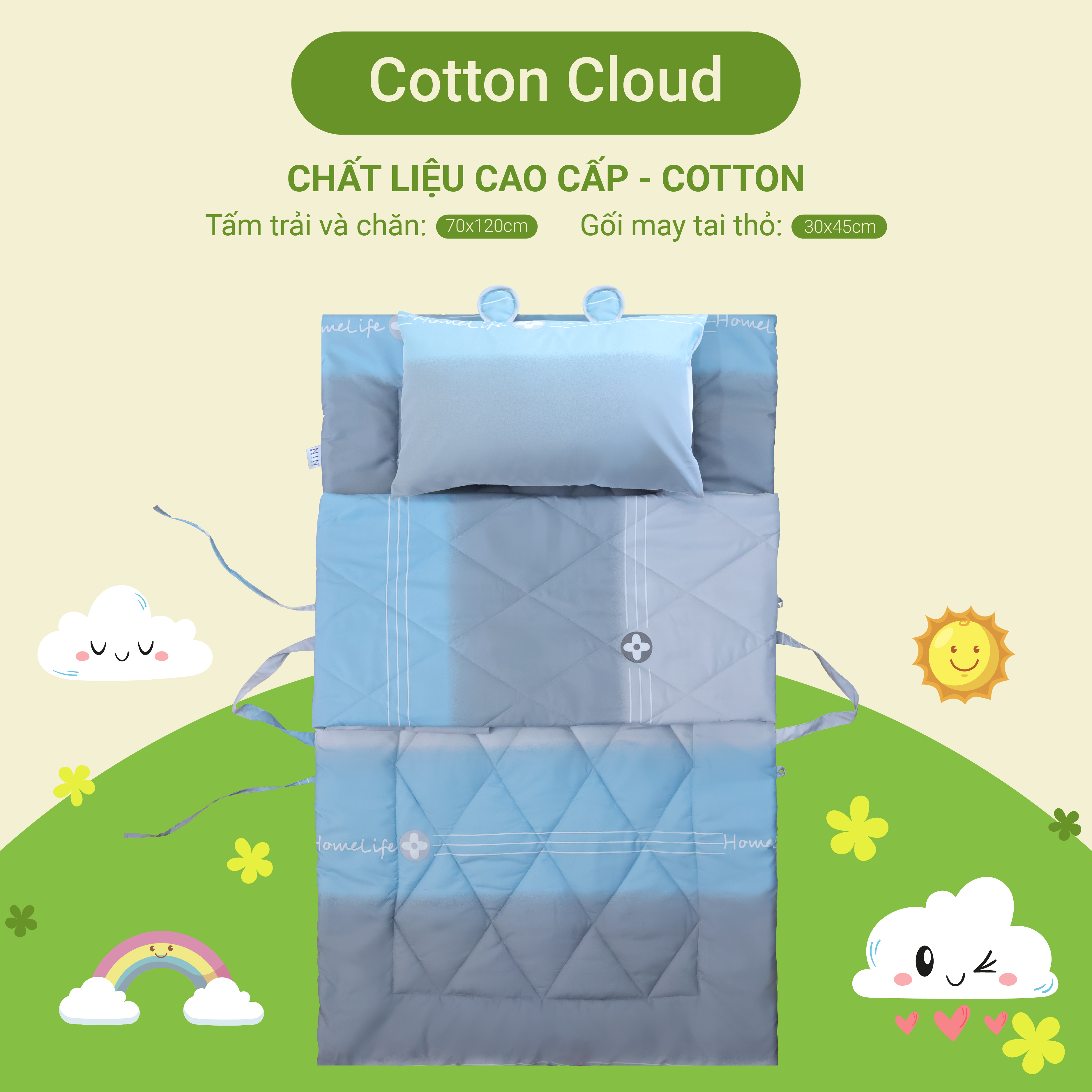 Bộ 5 món tiện lợi cho bé đi học mầm non, tiểu học NIN House hoạ tiết Cotton Cloud 70x120cm chất liệu cotton dễ thương, 1 tấm trải chống trượt, 1 chăn, 1 ruột gối, 1 vỏ gối, 1 túi xách