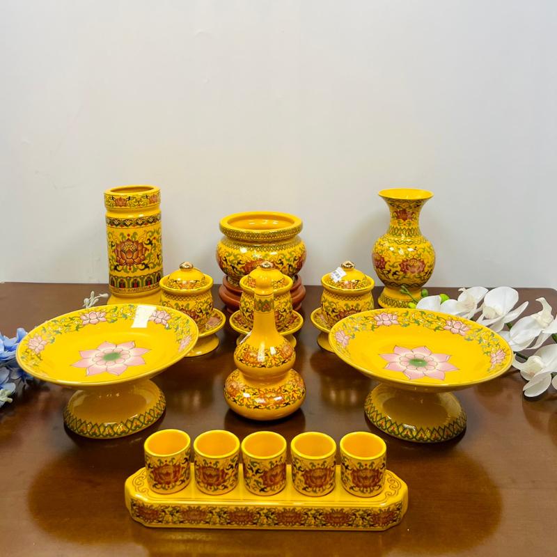 Bộ đồ thờ thần tài RỒNG VIỆT, Bộ đồ sứ men gấm vàng cao cấp, sang trọng