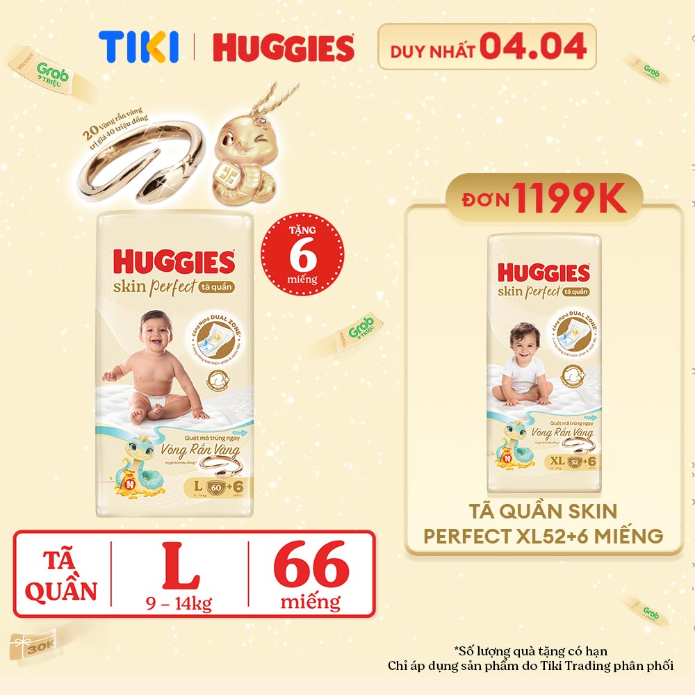 [Phiên bản Rắn vàng giới hạn] Tã quần Huggies Skin Perfect Super Jumbo L60+6 với 2 vùng thấm giảm kích ứng da