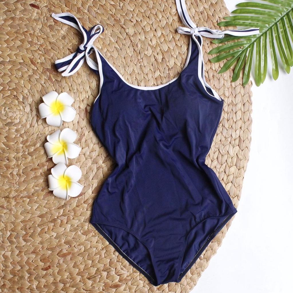 Bikini Đồ Bơi Một Mảnh Liền Thân Nơ Vai Màu Xanh Biển Dễ Mặc Freesize <57Kg R18