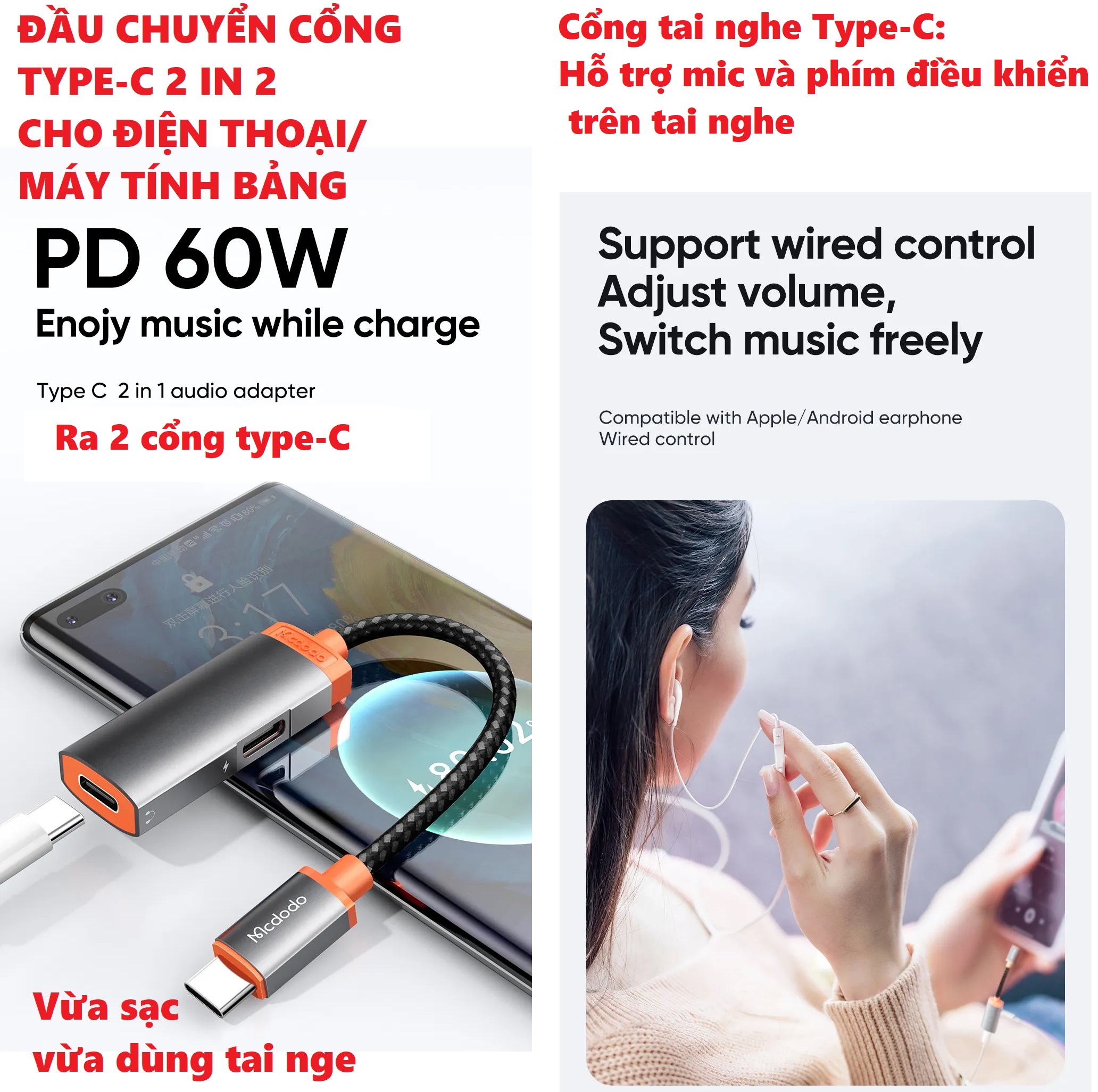 Đầu chuyển cổng C điện thoại ipad máy tính bảng ra sạc và tai nghe Mcdodo CA052 CA050 CA0940 _ Hàng chính hãng