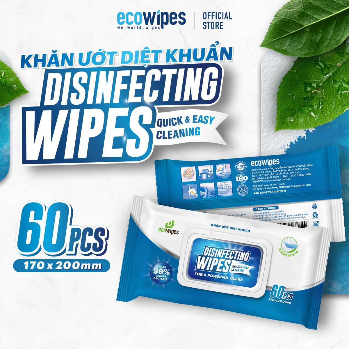 Khăn giấy ướt diệt khuẩn Ecowipes gói 60 tờ Disinfecting Wipes diệt 99,9% vi khuẩn hương chanh dịu nhẹ không kích ứng da