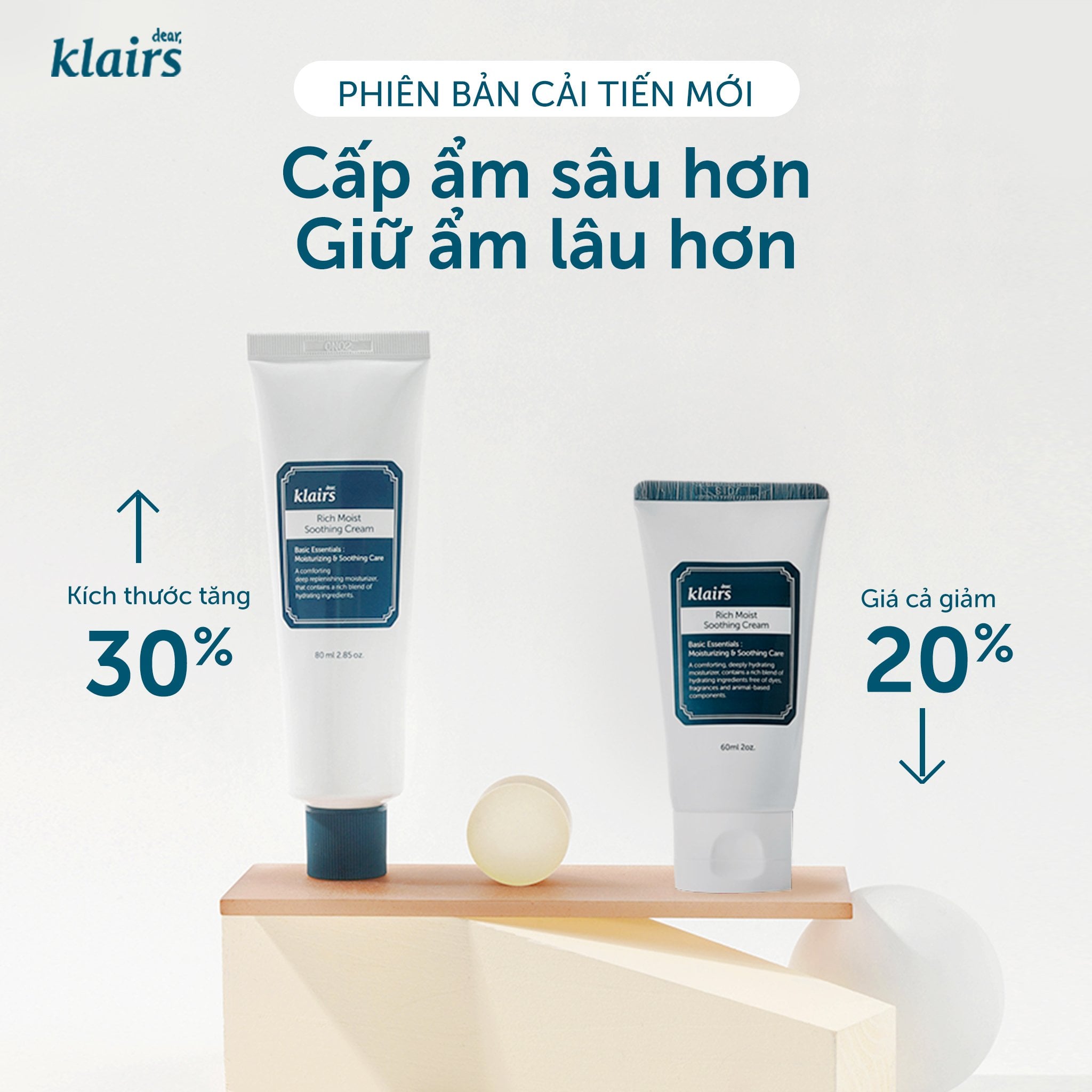 Kem cấp nước dưỡng ẩm sâu Klairs Rich Moist Soothing Cream 80ml + tặng Kèm 1 Băng Đô Tai Mèo (Màu Ngẫu Nhiên)