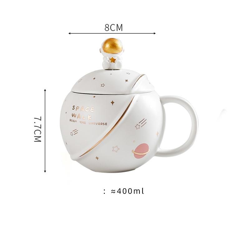 Ly Gốm Sứ Dà du hành không gian, có nắp và thìa 400ml, Thiết kế sáng tạo đáng yêu.