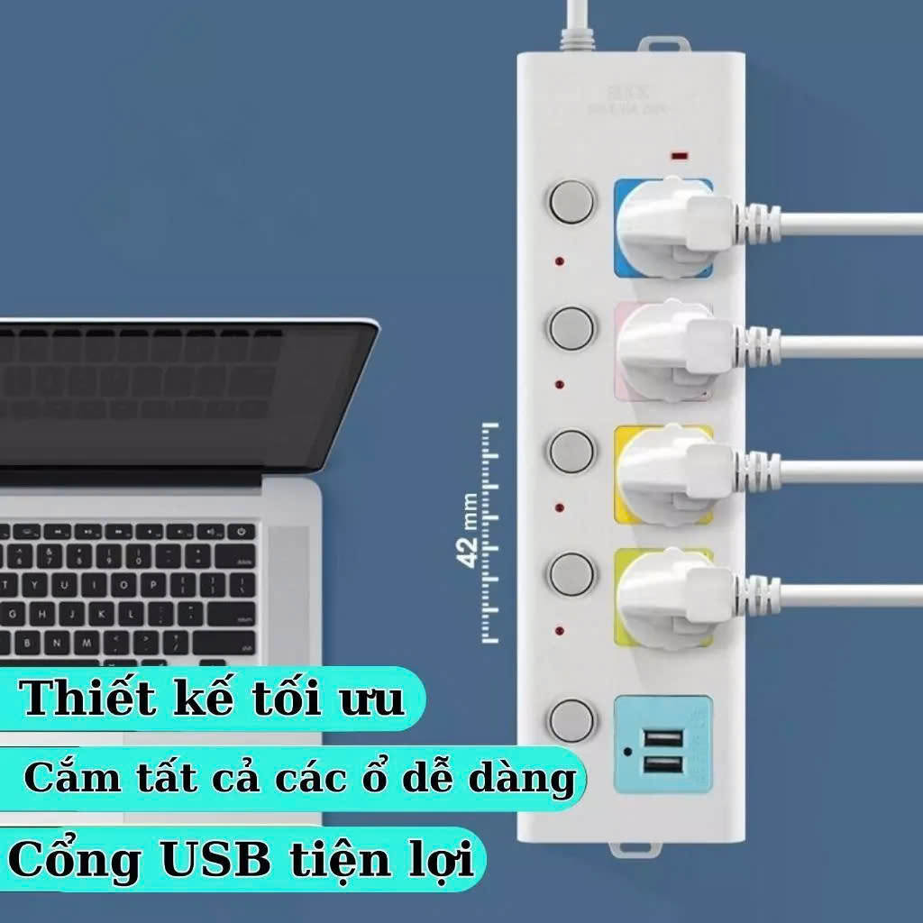 Ổ Cắm Điện 4 Ổ Cắm Kèm 2 Cổng USB Công Tắc, Đèn Báo Riêng Chịu Tải 2500W, Chống Giật, Chống Cháy - Hàng chính hãng