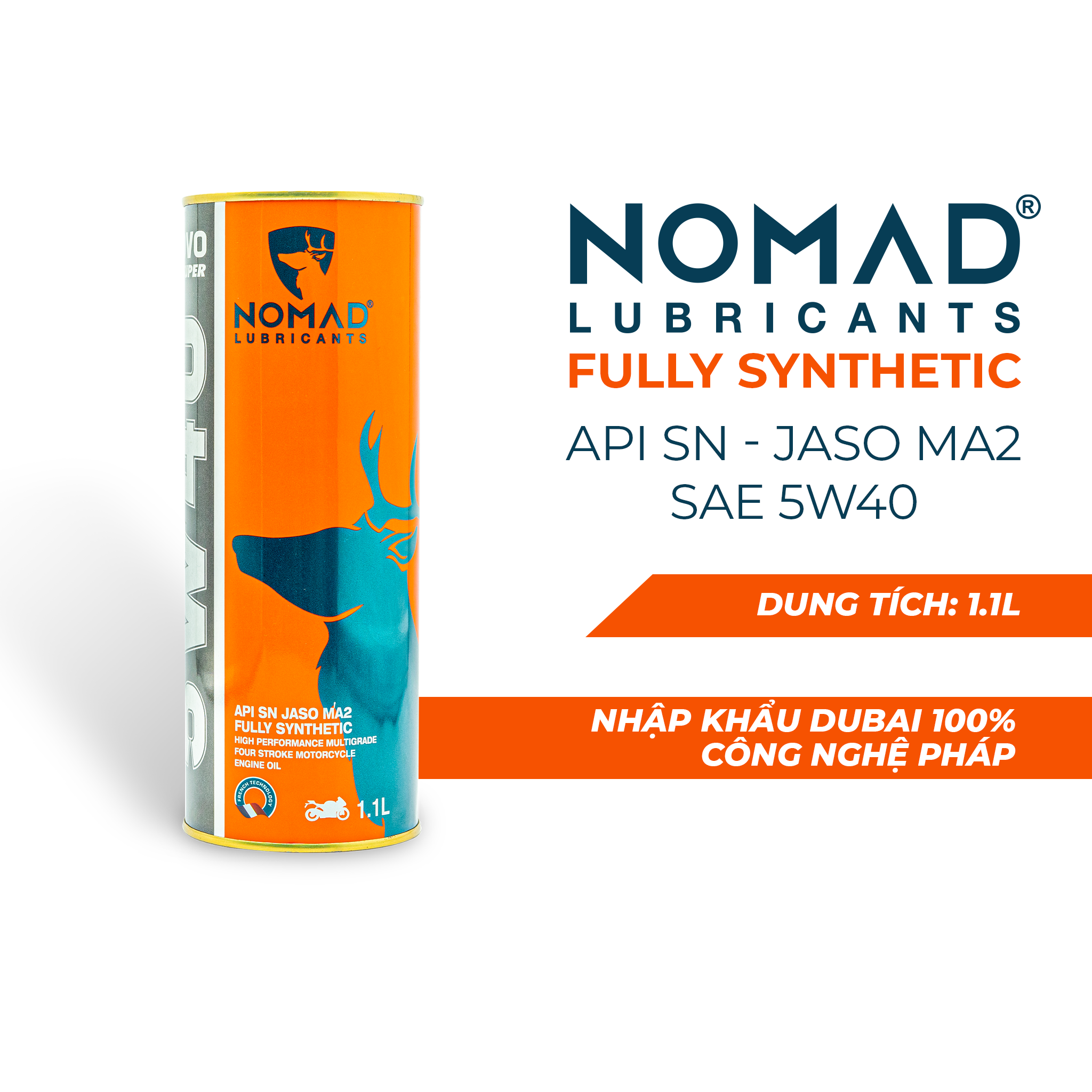 Nhớt tổng hợp toàn phần 100% NOMAD - SAE 5W40 - API SN - JASO MA2 – 1.1L - Dầu nhớt xe máy nhập khẩu Dubai
