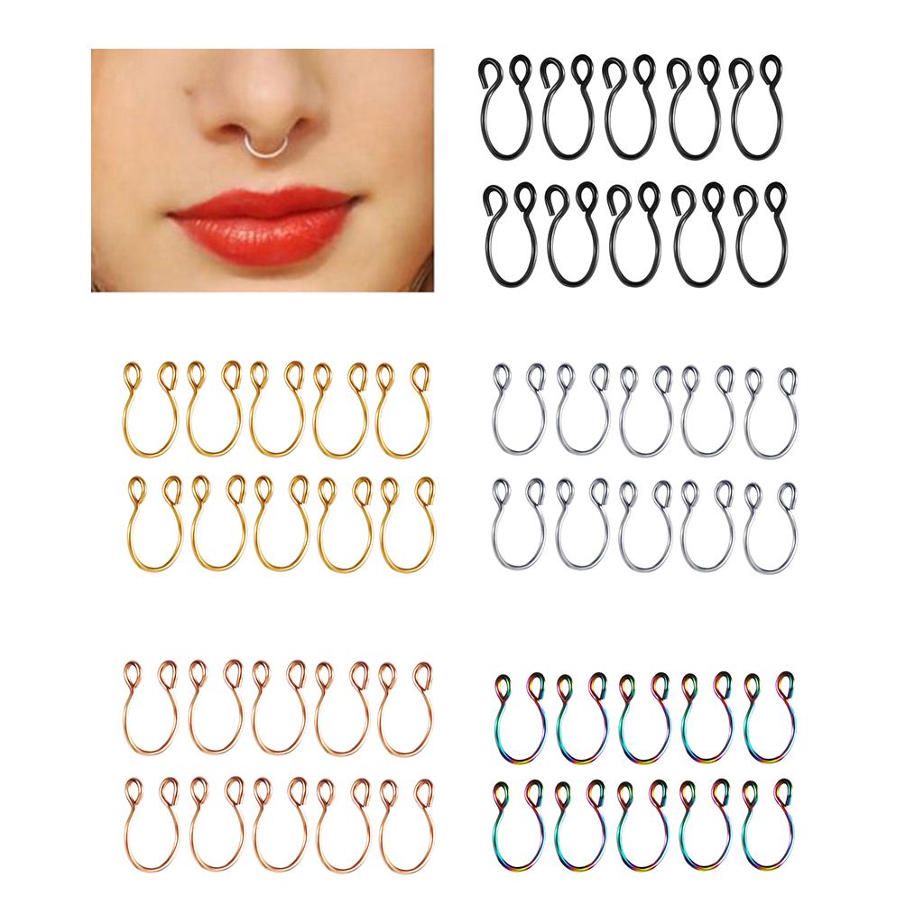 10 Pieces Fake Nose Rings Hoop Clip On Faux Non-Pierced Jewelry Black