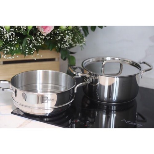 Bộ nồi xửng hấp inox FiveStar Standard 304 nắp inox , 3 đáy bếp từ tặng 2 vá canh ( 20cm )