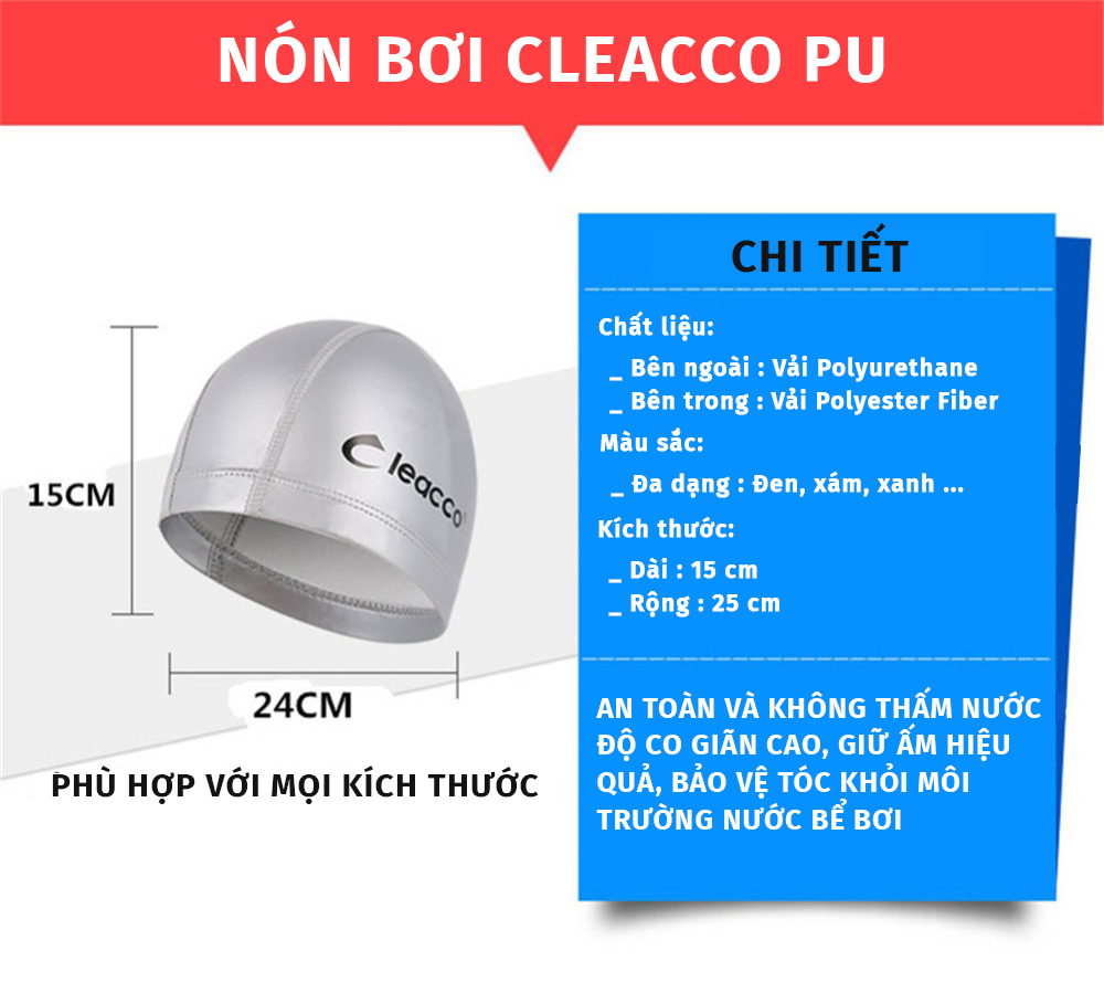 Nón Bơi Vải PU co dãn cao cấp, độ đàn hồi cao, bền đẹp , phù hợp với các bạn không quen loại nịt chặt Yesure Cleacco Cao Cấp Chống Thấm Nước , Mềm Mại - Hàng Chính Hãng