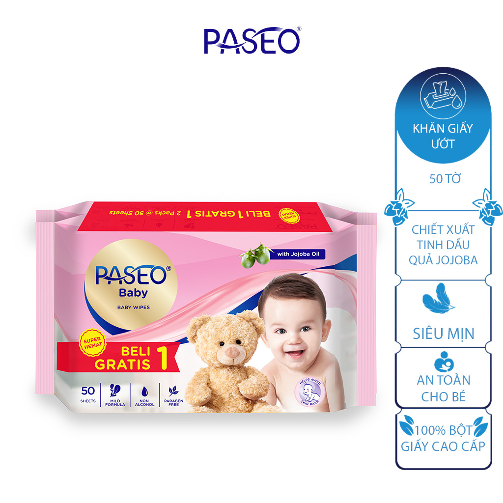 Combo 3 gói Khăn ướt em bé Paseo 50 tờ (1+1) – chiết xuất tinh dầu quả Jojoba và 3 gói khăn giấy Paseo  Baby 50 tờ 3 lớp mềm mịn.