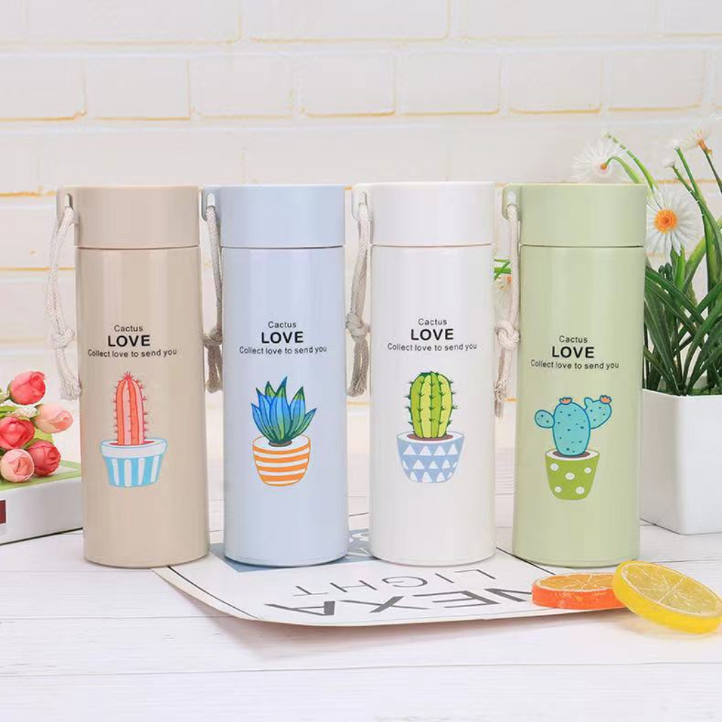 Binh đựng nước giữ nhiệt thủy tinh họa tiết xương rồng nhiều màu sắc siêu cute 500ML