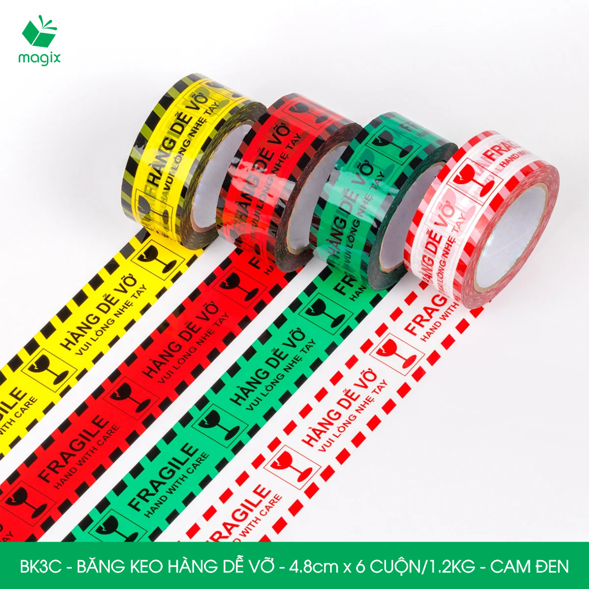 BK3C - Băng keo HÀNG DỄ VỠ màu cam đen khổ 4.8 cm - Băng dính niêm phong - 3 cuộn