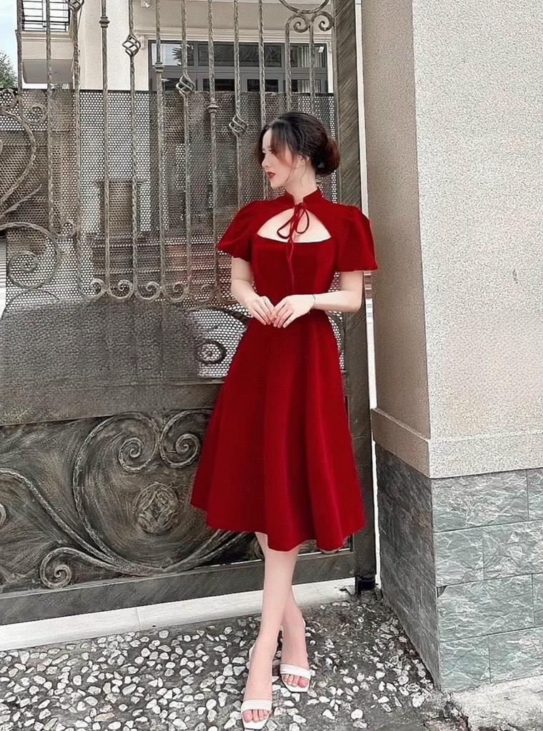 ĐẦM XÒE NHUNG TAY BÍ CỔ NƠ 14136