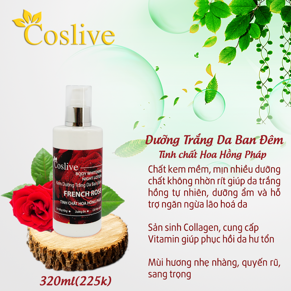 KEM DƯỠNG TRẮNG DA TOÀN THÂN BAN ĐÊM HOA HỒNG PHÁP 320ML COSLIVE