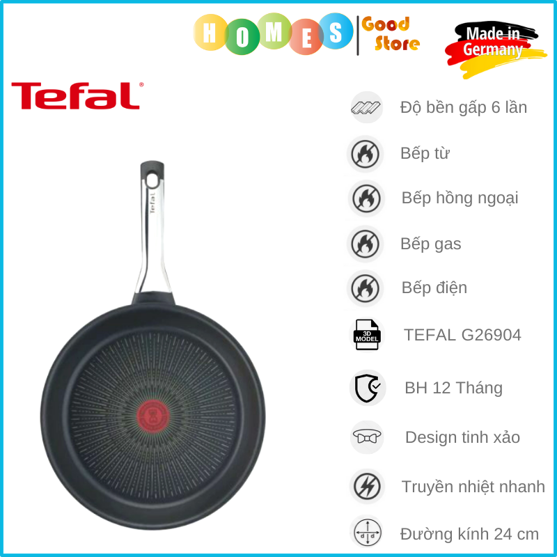 Chảo Chống Dính TEFAL Excellence G26904 Đường Kính 24 Cm, Nhập Khẩu Đức, Phủ Titanium Excellence Bền Gấp 6 Lần Chảo Thường - Hàng Nhập Khẩu