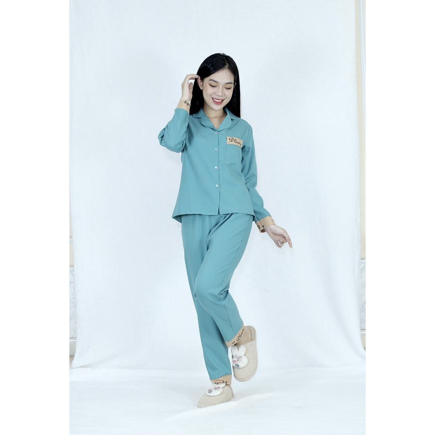 Bộ đồ bộ Pijama MÀU XANH ĐÁ QUẦN DÀI TAY DÀI PHA CHỮ siêu lụa