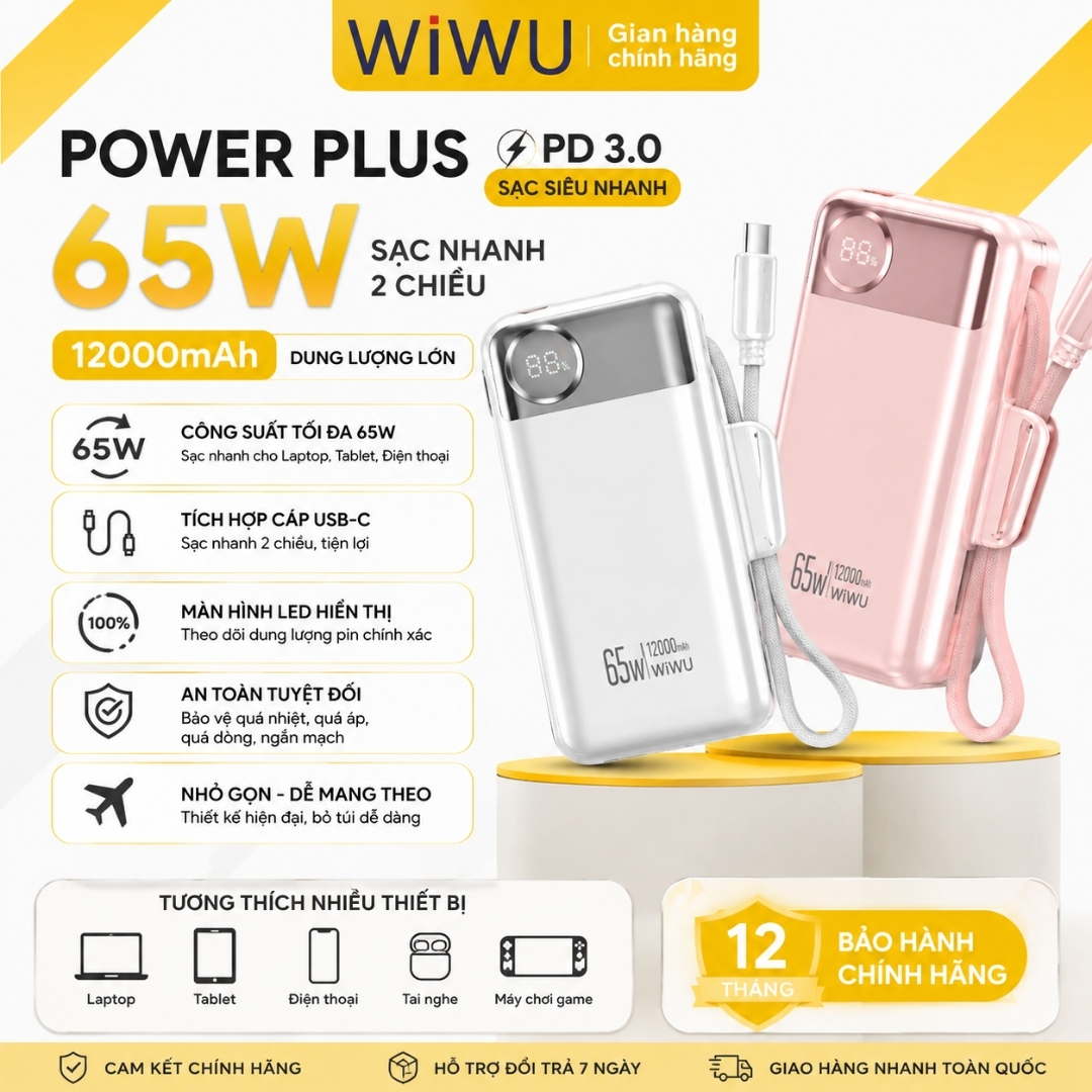 Pin sạc dự phòng PD 3.0 65W tích hợp dây sạc Type-C 12000Mah WIWU PowerPlus Sạc Nhanh cho iPhone Laptop MacBook Android - Màn hình hiển thị pin kỹ thuật số, Hệ thống bảo vệ đa tầng an toàn - hàng nhập khẩu