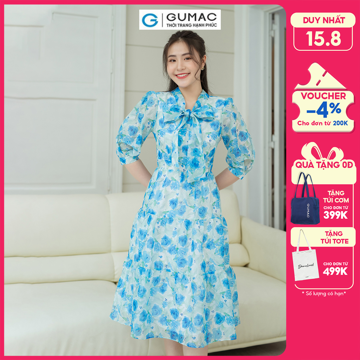 Đầm hoa cổ nơ GUMAC DD08035