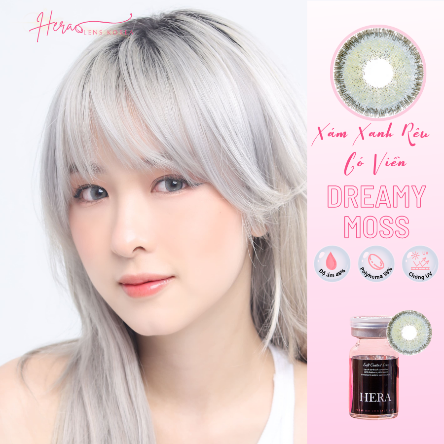 Kính Áp Tròng Hera Xám Xanh Rêu Có Viền  0 - 6 Độ DREAMY MOSS Nhập Khẩu Hàn Quốc Lens Cận 6 Tháng