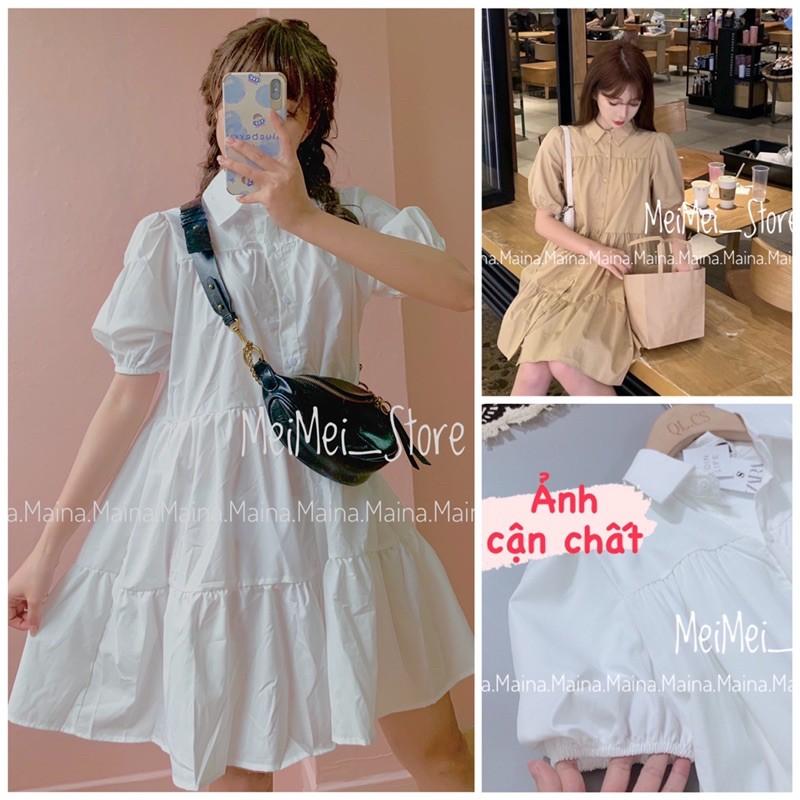 Váy Sơ Mi Babydoll Trắng Ulzzang - Đầm Sơ Mi Cổ Đức 2 màu be + trắng.