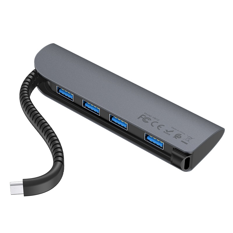 Bộ Chuyển Đổi Trung Tâm Hoco HB12 Victory Type-C Sang 4 Cổng USB3.0 Hỗ Trợ Điện Thoại Di Động Và Máy Tính Bảng Hợp Kim Nhôm OTG. - Hàng Chính Hãng