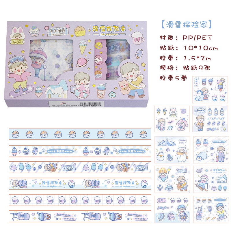 Hộp Washi Tape Trang Trí Sổ Tay set 5 Cuộn Băng Dính Và Bộ Hình Dán Sticker Siêu Kute