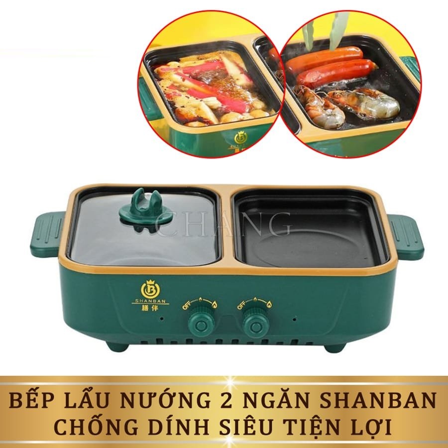Bếp điện lẩu nướng 2 ngăn mini chính hãng Shanban Electric Baking Tray, Nồi lẩu + nướng đa năng, nồi lẩu điện 2in1 - Hàng nhập khẩu