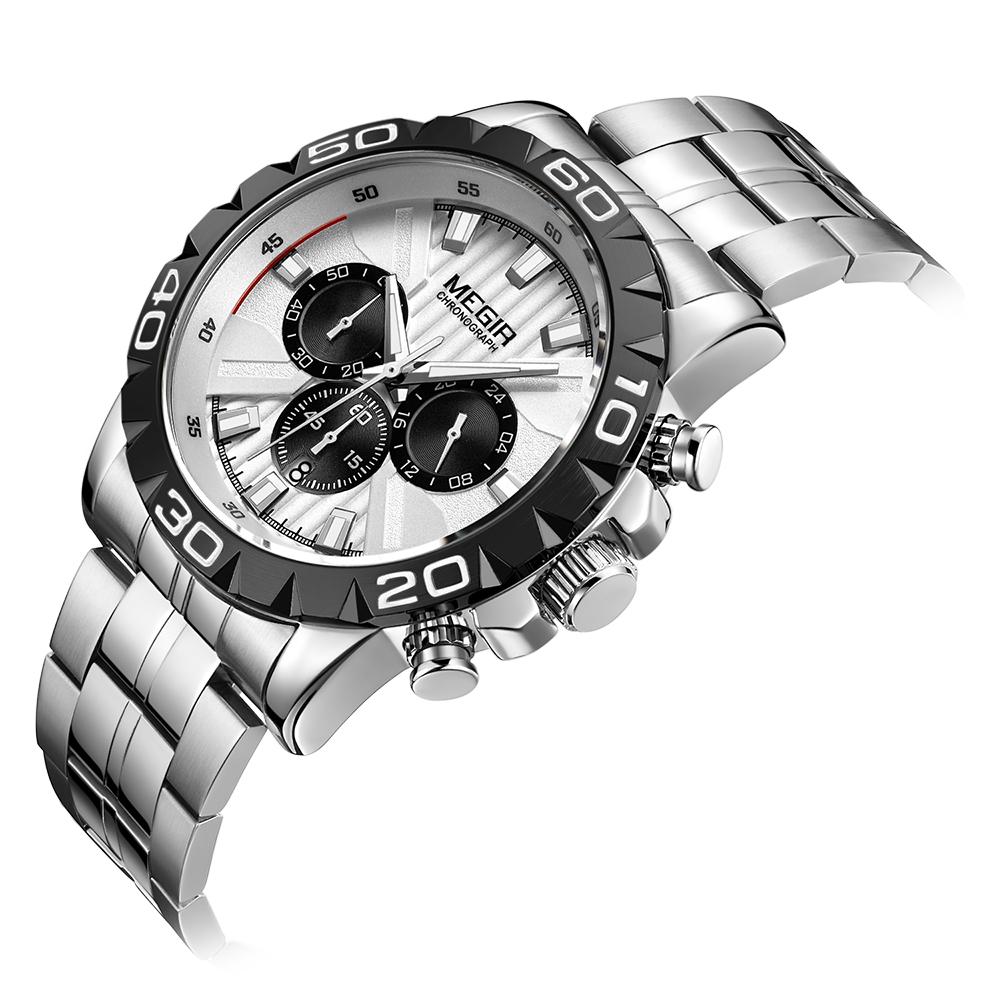 Đồng hồ Quartz Thể thao đơn giản Dây đeo bằng thép không gỉ 3ATM Lịch chống nước Chronograph Luminous MEGIR 2087 Nam
