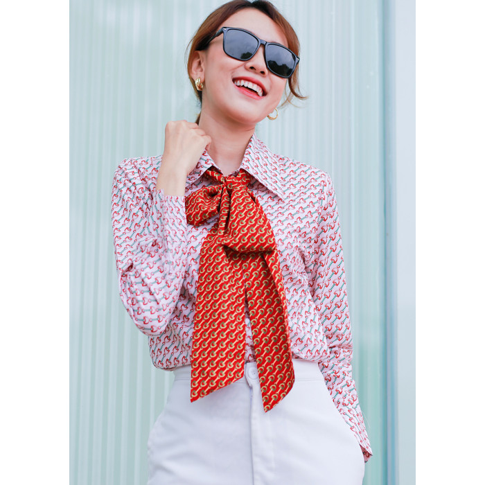 ÁO SƠ MI HỌA TIẾT CỔ CỘT NƠ A5555