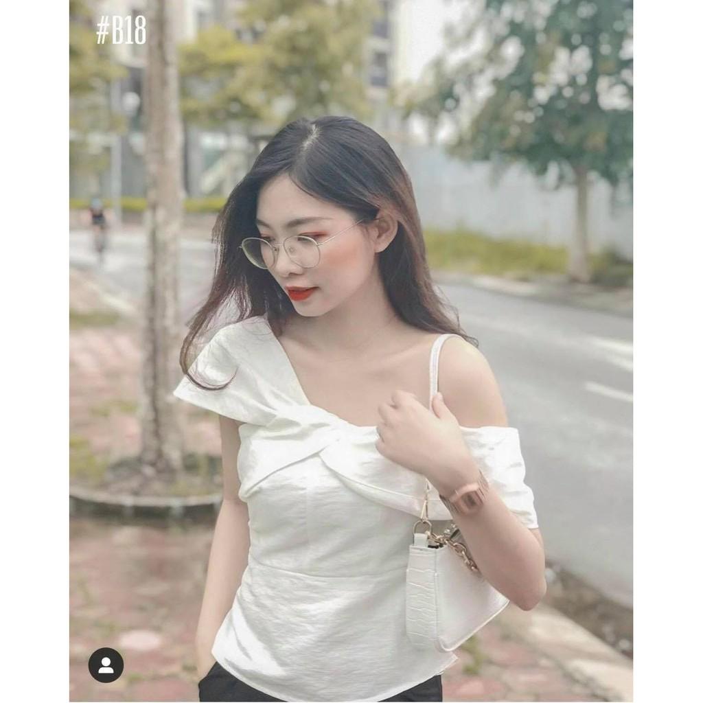 Áo Lệch Vai Tone trắng vải linen xước tiểu thư