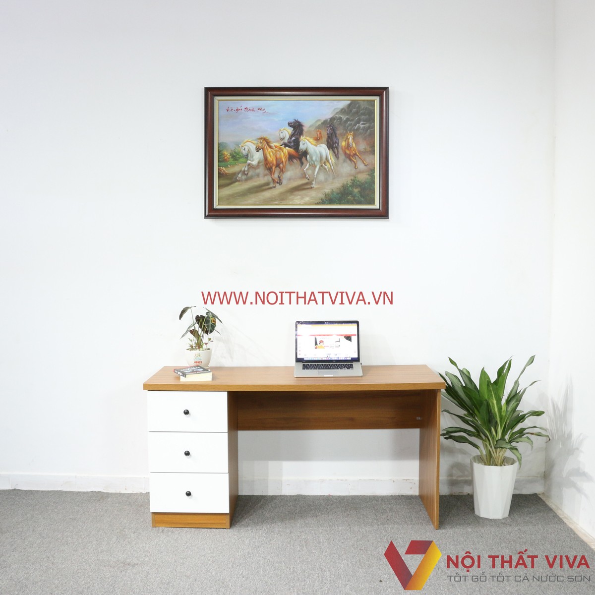 Bàn Làm Việc Gỗ MDF Melamine Màu Vàng Sọc Hộc Kéo Trắng Hiện Đại