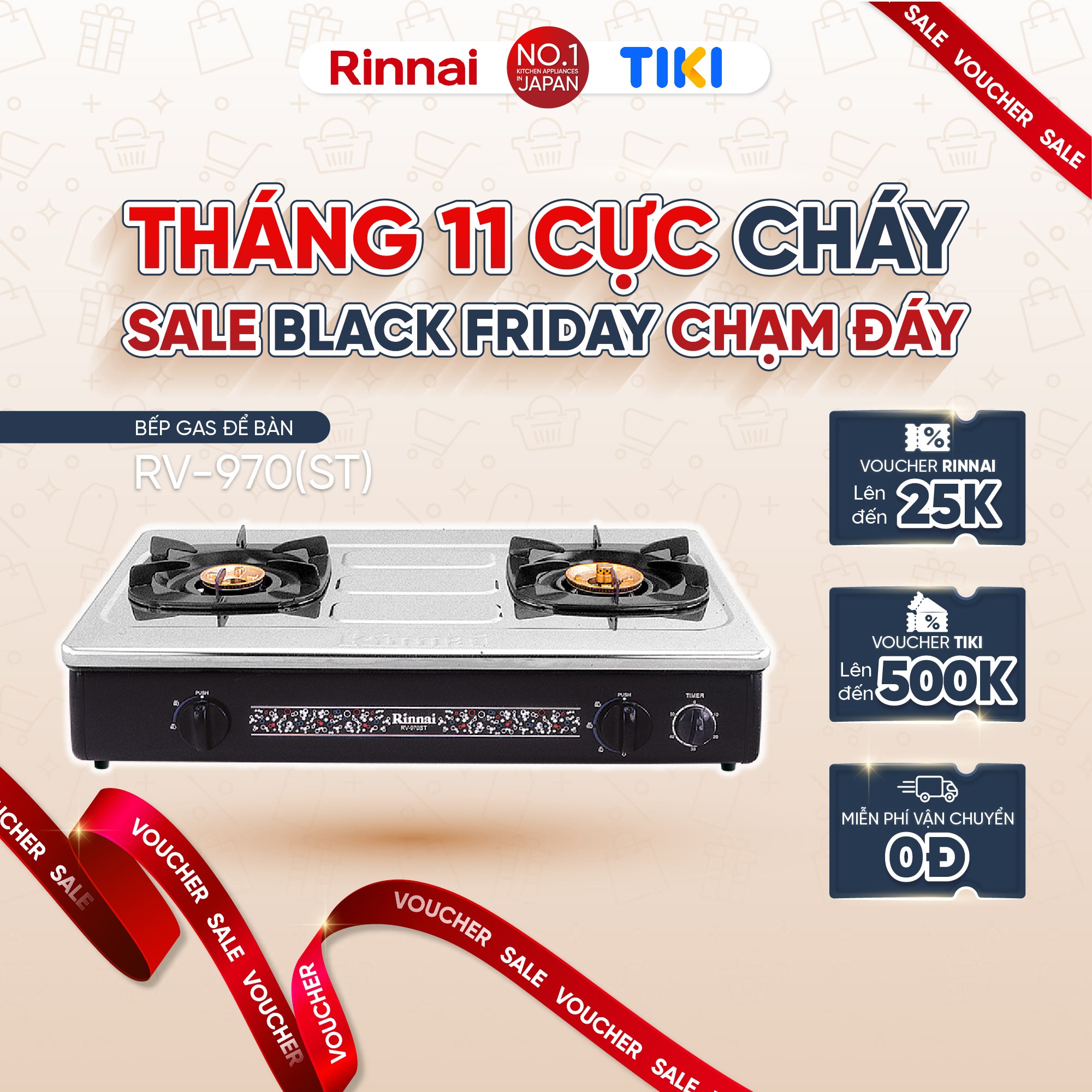 Bếp gas dương Rinnai RV-970(GL) mặt bếp kính và kiềng bếp men - Hàng chính hãng