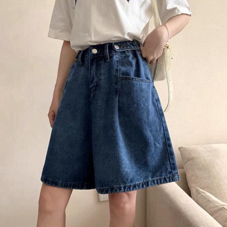 Quần short Cotton Ống Rộng, Quần Short Jean Lưng Cao, Không Giãn, Quần Suông Lửng Xanh Đậm Basic