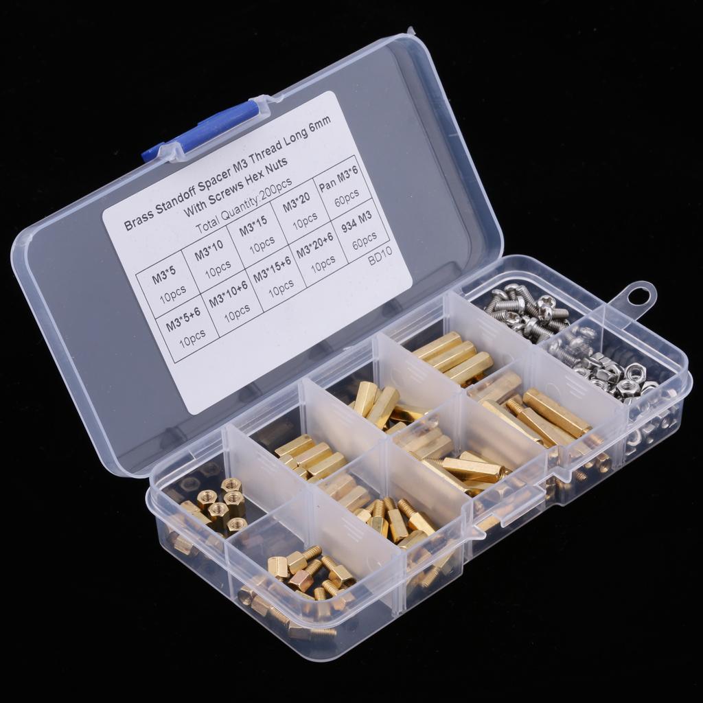200 Pieces M3 Male Female Hex Brass Spacer Standoff Screw Nut Assortment Kit