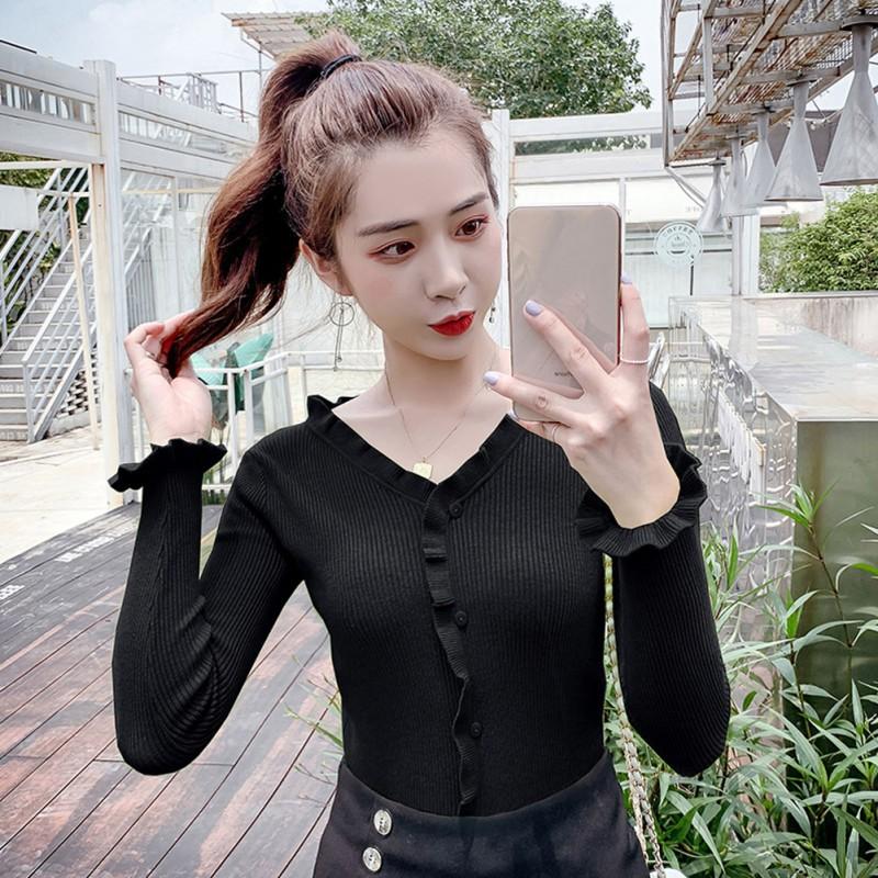 Áo dệt kim nữ tay dài cổ chữ V màu trơn