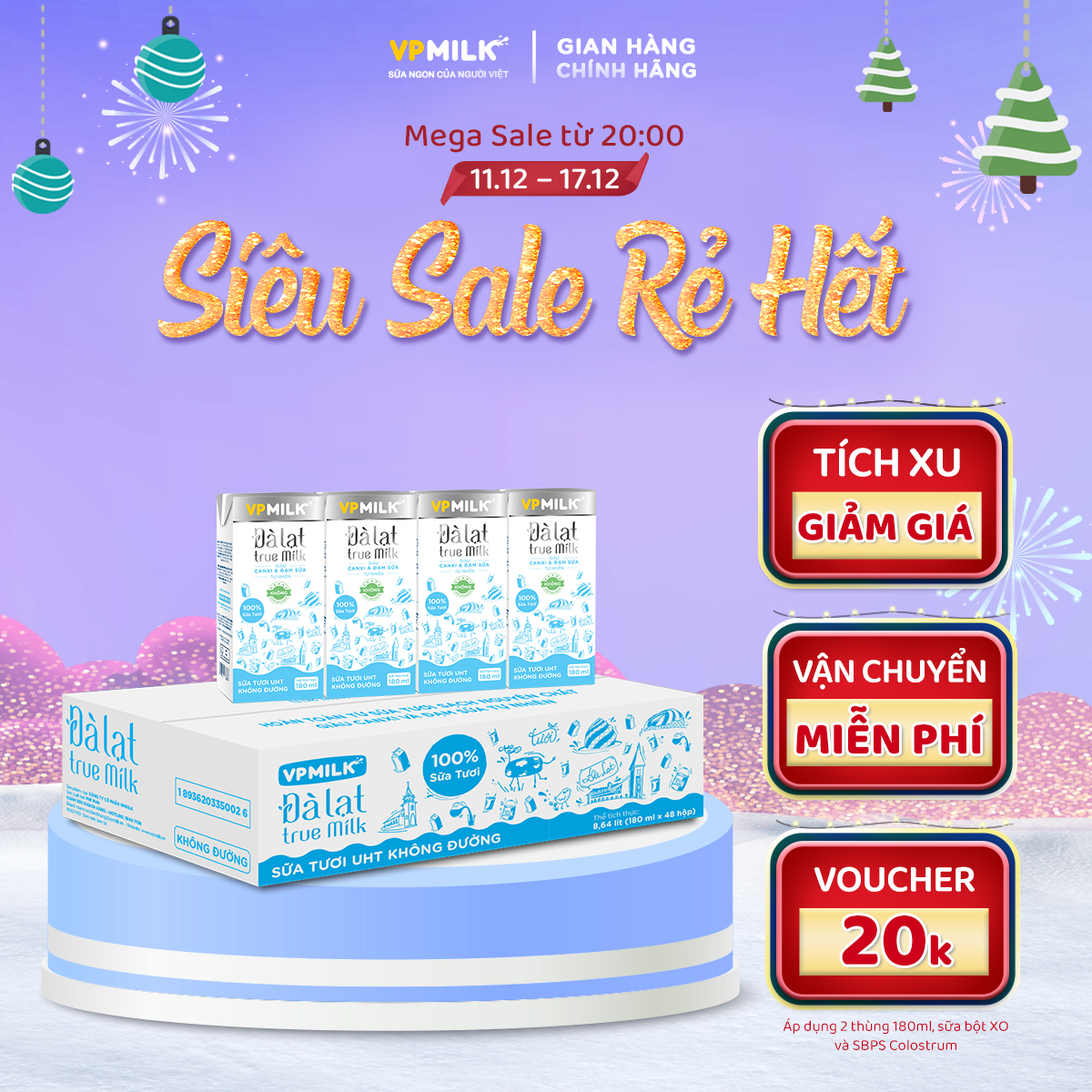 Sữa tươi UHT Đà Lạt True Milk VPMilk KHÔNG ĐƯỜNG hộp 180ml (Thùng 48 hộp)