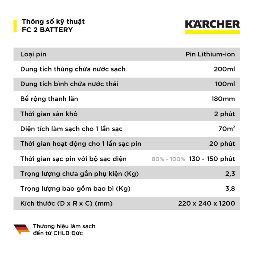 Máy lau sàn không dây Karcher FC 2 Battery - Hỗ trợ vệ sinh các bề mặt trên sàn với diện tích lên đến 70m2- Hàng Chính Hãng